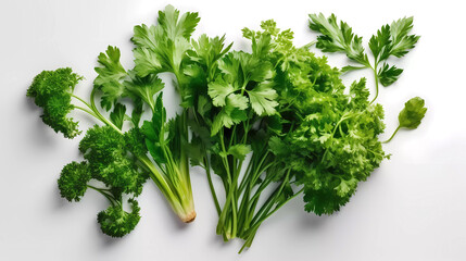 Isolated fresh greens of parsley, dill, onion, lying on a white glossy surface. Generative AI technology.