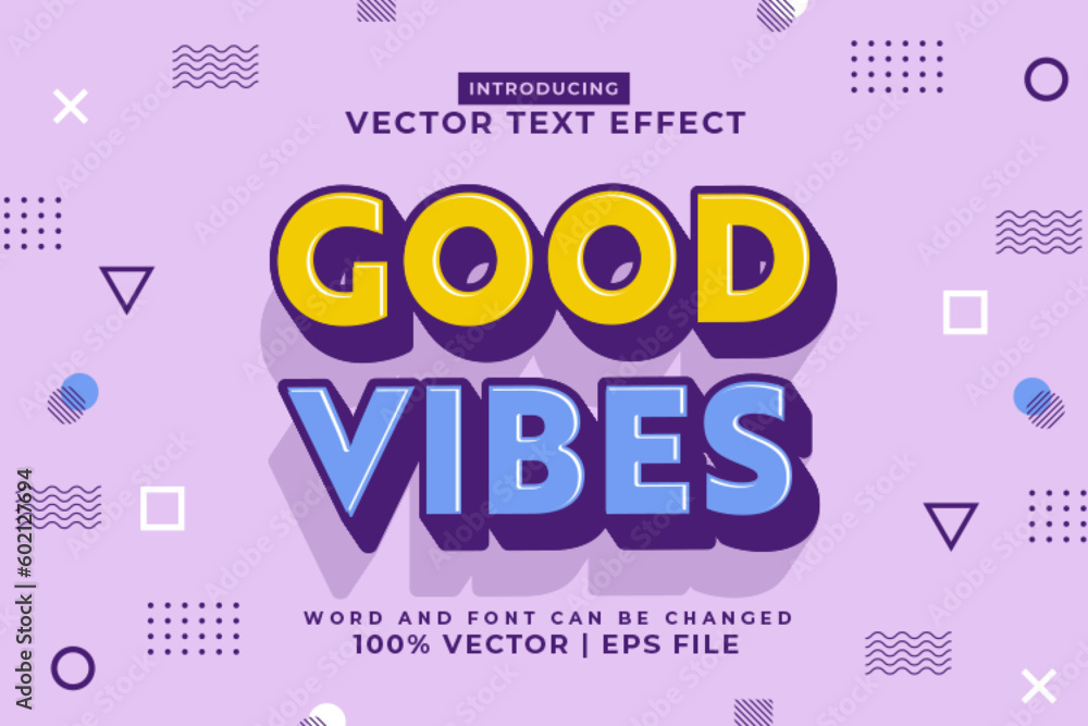 Poster editable text effect good vibes 3d cartoon template style premium vector