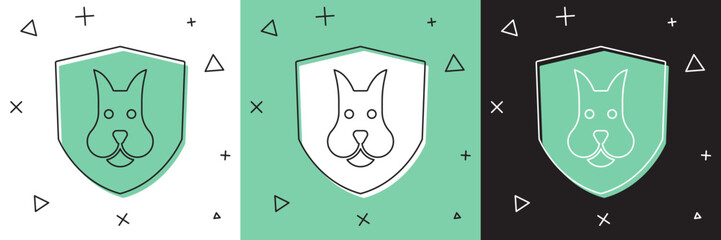 Set Animal health insurance icon isolated on white and green, black background. Pet protection concept. Dog or cat paw print. Vector