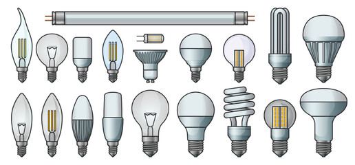 Halogen bulb color vector set icon. Illustration of isolated color icon halogen of light lamp. Isolated set electric and fluorescent bulb.