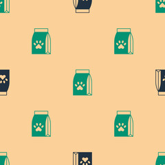 Green and black Bag of food for pet icon isolated seamless pattern on beige background. Food for animals. Dog bone sign. Pet food package. Vector