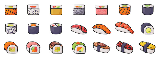 Sushi isolated vector set icon. Vector illustration japanese food on white background . Color set icon roll.