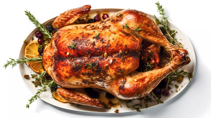 Isolated roasted turkey, with spices. Generative AI technology.