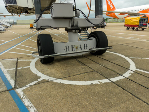 The wheels of an airbridge at Gatwick Airport in Sussex, UK