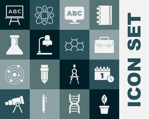 Set Plant in pot, Calendar first september date, Briefcase, Alphabet, Table lamp, Test tube and flask, Chalkboard and Chemical formula icon. Vector
