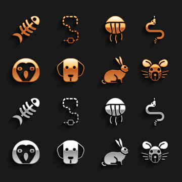 Set Dog, Snake, Rat head, Rabbit, Owl bird, Jellyfish, Fish skeleton and Worm icon. Vector