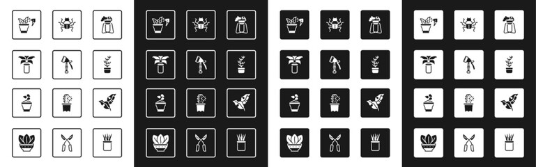 Set Plant on stand, Water spray bottle, Exotic tropical plant in pot, Spraying, Beetle bug, Tropical leaves and Seeds bowl icon. Vector