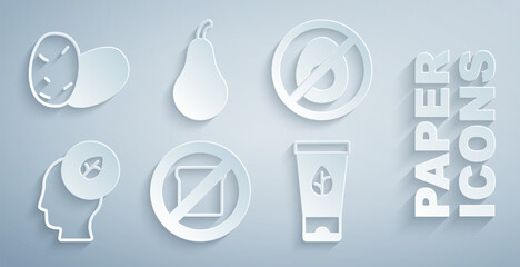 Set Gluten free grain, No meat, Human head with leaf inside, Organic cosmetic, Pear and Potato icon. Vector