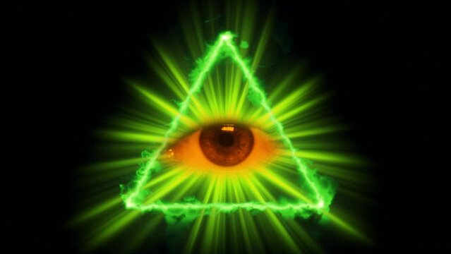 Sacred triangle of illuminati, orange eye in bright green rays. Conspiracy fantasy famous spiritual emblem on dark background