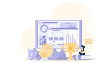 Obraz premium Data analysis and statistic concept. Businesswoman is managing, analyzing, and planning online business data. Businesses get trends and opportunities to compete in the market. Vector illustration.