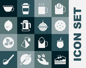 Set Piece of cake, Mate tea, Cookie or biscuit, Cup, Electric kettle, Lemon, and Ball strainer icon. Vector