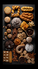 Spanish sweets, flat lay, top view assorted pastry and traditional desserts, AI generative overhead view of knolling arrangement