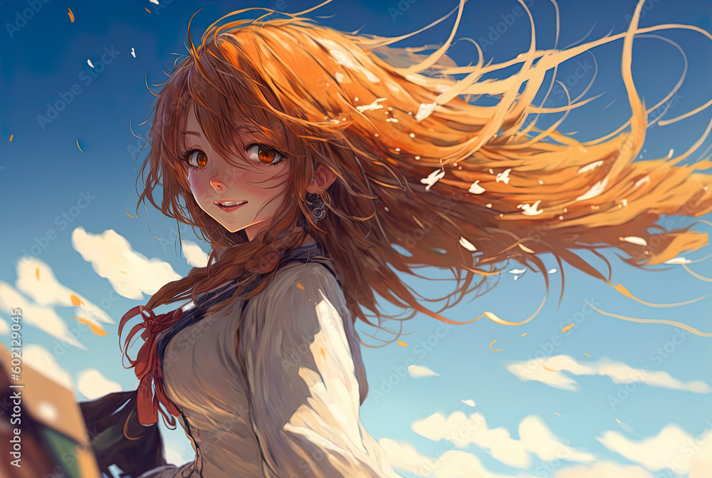 Wall mural Cute long haired anime girl enjoying breeze, beautiful red haired anime girl, anime illustration, generative ai