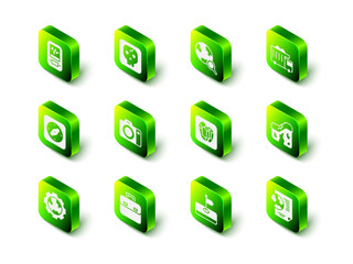 Set Archeology, Magnifying glass with globe, Mining dump truck, Geological fault, Earth document, Gem stone, Flag and Briefcase icon. Vector