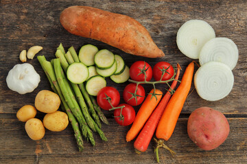 Different vegetable display on a wooden table