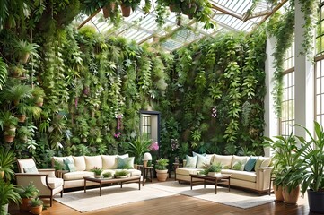 Interior with many lush green plants, generative ai illustration