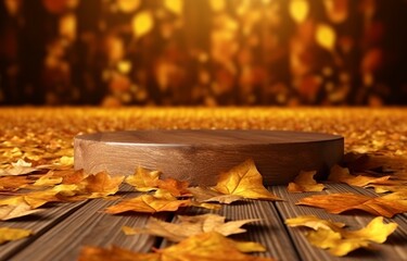 Autumn leaves on wooden table, beautiful falling leaves natural background, generative ai