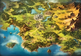 Fantasy map for a game, game board, generative ai
