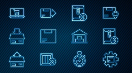 Set line Gear wheel with package box, Envelope dollar symbol, euro, Carton cardboard, Shopping cart laptop, Warehouse and icon. Vector