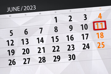 Obraz premium Calendar 2023, deadline, day, month, page, organizer, date, June, sunday, number 11