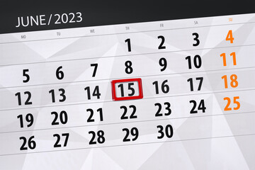 Calendar 2023, deadline, day, month, page, organizer, date, June, thursday, number 15