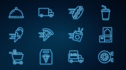Set line Donut, Online ordering and delivery, hotdog, pizza, ice cream, Covered with tray of food, noodles and Fast by car icon. Vector