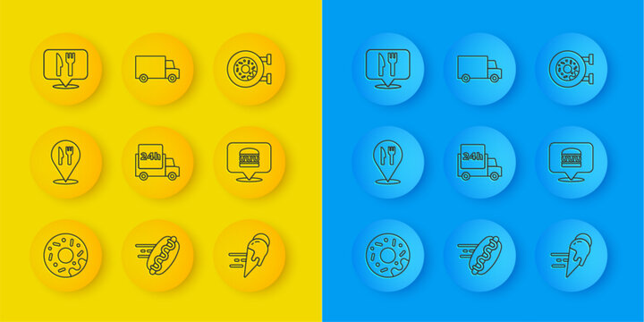 Set line Donut, Cafe and restaurant location, Fast delivery by car, Online ordering ice cream, burger, and icon. Vector