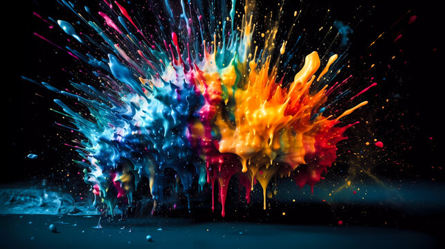 Abstract, RGB color explosion, splashes, aerosol, paint drops. Generative AI technology.