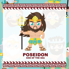 Cute illustration of Poseidon God of the sea. Greek God and Goddess flashcard collection. Ancient Greece mythology. Greek deity theme elements. Vector file.