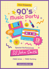 80's 90's Music Party Poster with Floppy Disk, Cassette, Lipstick, with Hipster Cartoon Colorful Style