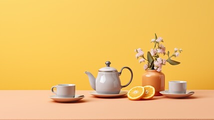Fototapeta premium cup of tea and teapot with orange slices on yellow background