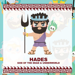 Cute illustration of Hades God of the dead and underworld. Greek God and Goddess flashcard collection. Ancient Greece mythology. Greek deity theme elements. Vector file.