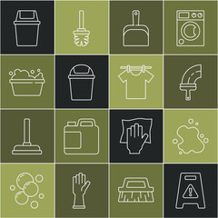 Set line Wet floor, Water spill, Rubber cleaner for windows, Dustpan, Trash can, Basin with soap suds, and Drying clothes icon. Vector