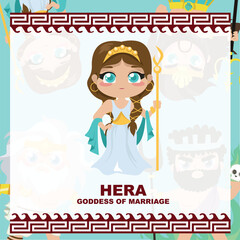 Cute illustration of Hera Goddess of marriage. Greek God and Goddess flashcard collection. Ancient Greece mythology. Greek deity theme elements. Vector file.