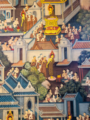 A detailed part of a wall painting of a ceremony in the Wat Pho temple in Bangkok, Thailand.