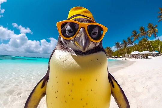 Trendy penguin wearing bright yellow sunhat and sunglasses on tropic resort with beautiful white sand beach on background. AI generative