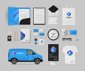 Corporate identity with blue shield logo and bright background. Minimal style modern logo with branding template pack for defence and security company. Vector mock up.