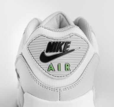 Istanbul, Turkey - April 12, 2023: Nike Air Max 90 GTX model shoes on white background. White and Gray color GORE-TEX shoes.