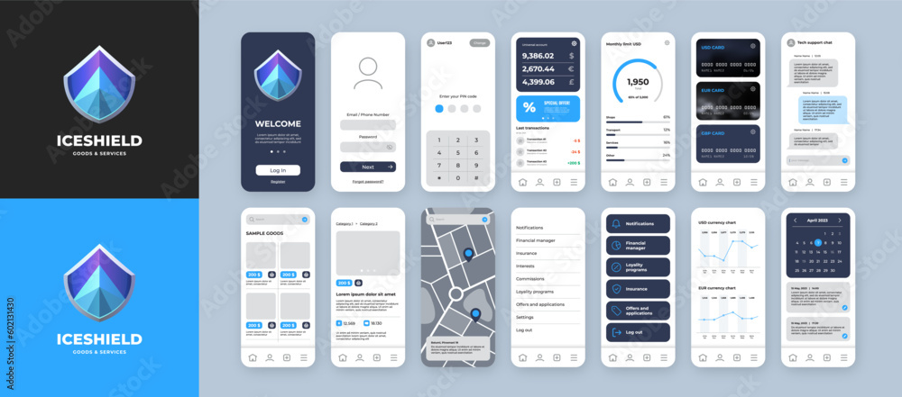 Poster ui ux mobile app template with blue shield gradient logo and bright background