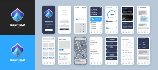UI UX mobile app template with blue shield gradient logo and bright background - obrazy, fototapety, plakaty