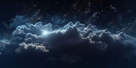 Fluffy volumetric clouds at night against a dark blue sky with stars background. A.I. generated.