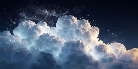 Fluffy volumetric clouds at night against a dark blue sky with stars background. A.I. generated.