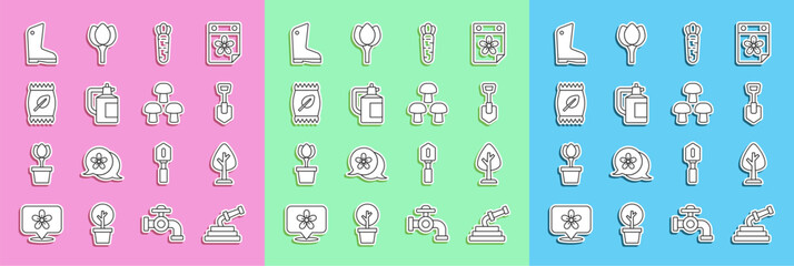 Set line Garden hose, Forest, Shovel, Carrot, sprayer for fertilizer, Fertilizer bag, Rubber gloves and Mushroom icon. Vector