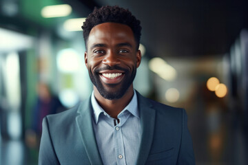 A professional portrait of a successful, cheerful African American male, who appears to be a stylish and confident business leader. Generative AI