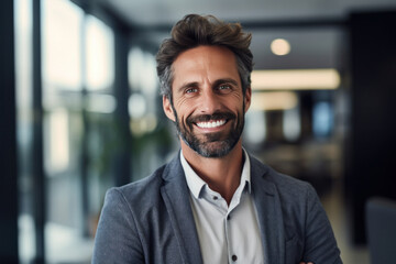 Obraz premium Middle-aged executive standing in a company office, with a smile on his face. Generative AI