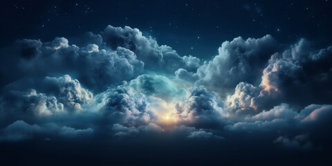 Fluffy volumetric clouds at night against a dark blue sky with stars background. A.I. generated.