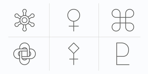 zodiac outline icons set. thin line icons such as gods protection, venus, reconciliation, hypocrisy, sulphur, pluto vector.