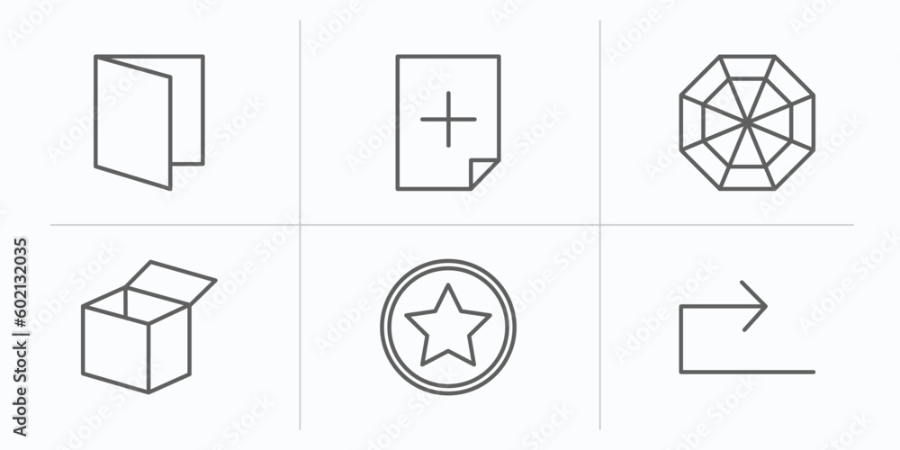 Poster user interface outline icons set. thin line icons such as , new file, spider web, open box, favorite