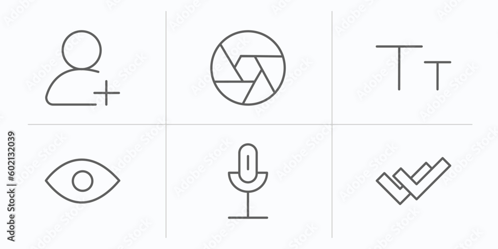 Poster user interface outline icons set. thin line icons such as add user, , lowercase, visible, mic, doubl