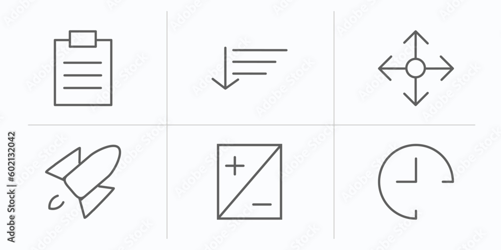 Poster user interface outline icons set. thin line icons such as padnote, sort down, enlarge, rocket launch
